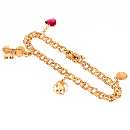 Armband Bismarck längd 19,5cm bredd 6mm med 4 berlocker, 18K 15,1g. 