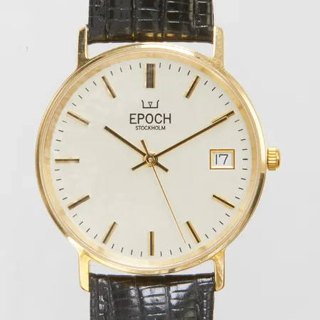 Herrur Epoch Stockholm 14K, quartz, 33,5mm, svart läderband, gravyr, bruttovikt: 29,8g