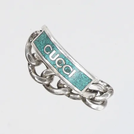 Ring Gucci med grön sten stl:19½ bredd 7mm silver 925/1000 Vikt: 8 g