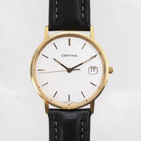 Herrur Certina 18K, automatisk, 33mm, boettnr:158928968, med läderband, gravyr, repor på plexiglas, inga tillbehör.
