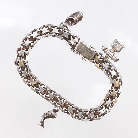 Armband x-länk med berlocker, 3 berlocker, längd 20cm, bredd 8,7mm, 925/1000 silver. Vikt: 33,1 g