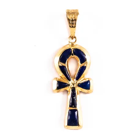 Hänge ankh/livets nyckel med blå dekor troligen lapis lazuli, bredd 13mm längd 38mm, 18K 1,7g. 