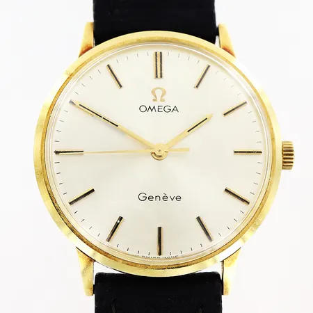 Herrur Omega Genève 14K manuell Ø33mm, originalglas, original läderband törnlås med logga, längd 22,5cm, gravyr, inga tillbehör.