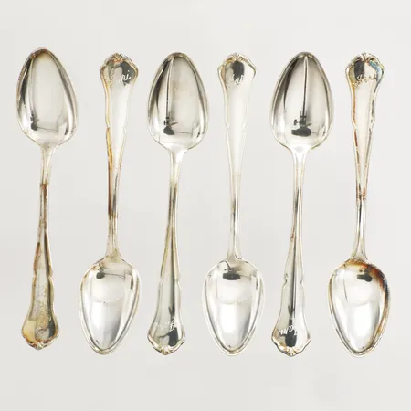 Sex kaffeskedar 11,5cm gravyr 830/1000 silver Vikt: 79,4 g
