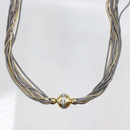 Collier i silver och guld längd 43cm bredd ca 19mm, små vikskador med diamanter i låset 6xca0,03ct låset stämplat FROM möjligen N.E From 18K/Silver 925/1000 Vikt: 59,6 g