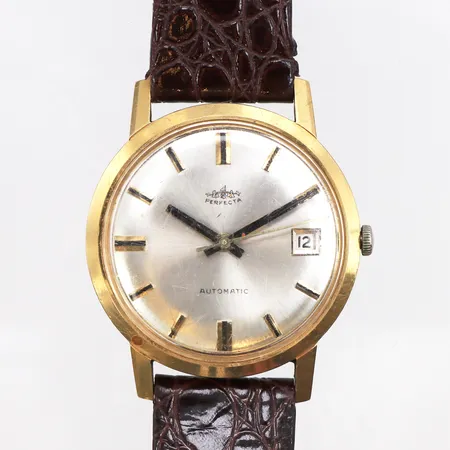 Herrur Perfecta 18K, automatic, Ø34mm, med läderband, repigt plexiglas, bruksslitage på läderband, inga tillbehör.