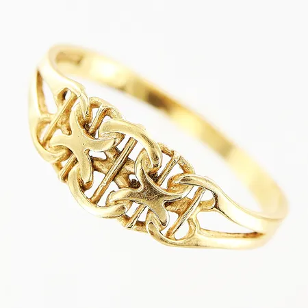 Ring X-länk Guldfynd stl:19, bredd 1,5-7mm, smärre skevhet på skena, 18K Vikt: 1,9 g