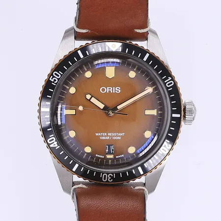 Herrur Oris Divers Sixty-Five, 40mm, stål, ref:0173377074356, serienr:3854547, boettring i brons, boett i stål, slitet läderband original, garantikort, originalkartong Vikt: 0 g