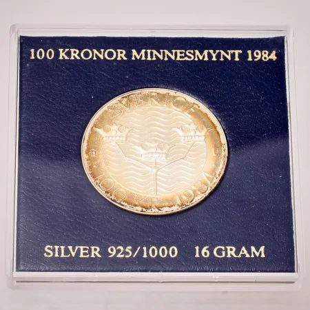 Minnesmynt 100 Kronor, 1984, förtroende-säkerhet-nedrustning, i plast etui, silver 925/1000, 16g.