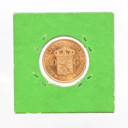 Mynt Nederländerna 10 gulden, 1917, Ø21,9mm, 21,6K. Vikt: 6,7 g