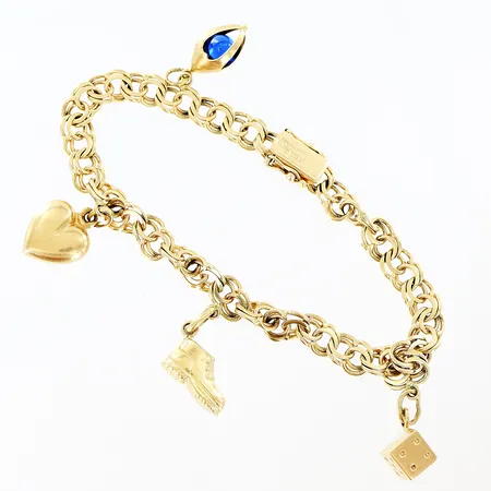 Armband Bismarck längd 19,3cm bredd 6mm 4 berlocker 1 defekt ögla 18K  Vikt: 16,8 g