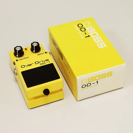 Effektpedal Boss OD-1 tidigt 1980-tal, Japan, 4558 chip, black label, serienummer 091200, kretskortsnummer ET-23D, originalbox.