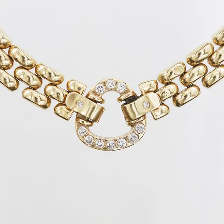 Collier Korridorlänk med diamanter 10 x ca 0,15ct, 2 x ca 0,05ct, längd 45cm, bredd 15-26mm, 14K. Vikt: 66,4 g