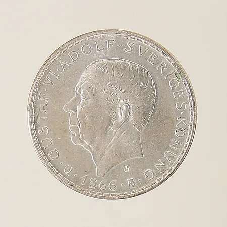 Mynt Gustaf VI Adolf Sveriges Konung 1966, 5kr Ø34mm till minne av tvåkammarriksdagens tillkomst 1866, silver 400/1000 Vikt: 18,1 g