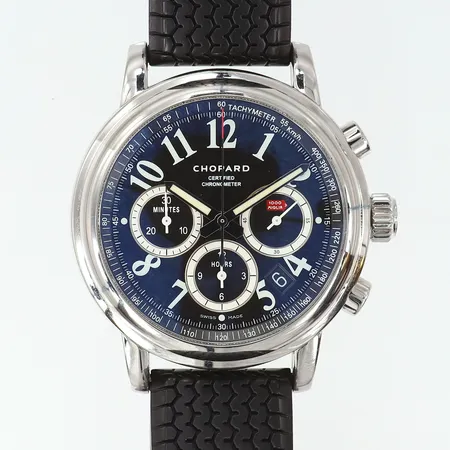 Herrur Chopard Classic Racing Mille Miglia Chronograph Ø42mm stål automatisk ref: 168511-3001 serie-nr: 2034568 gummiband felaktigt ifyllt certifikat värderingsintyg Rob Engström 2017 manual box ytterkartong.