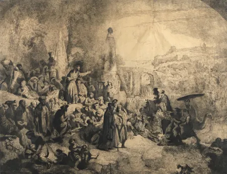 Tavla, etsning, Rembrandt Harmensz. van Rijn, efter, "St John the Baptist Preaching to the Crowd", graverad av Jan Piotr Norblin de la Gourdaine(1745-1830), dagmått 48x63cm, ej examinerad ur ram, papper med några synliga skador.  Specialfrakt, kontakta pantbankskontoret för mer information.