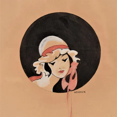 Tavla Einar Nerman "dam med hatt" gouache, 17x14cm. Specialfrakt, kontakta pantbankskontoret för mer information.