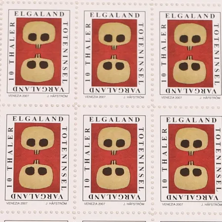 Litografi Jan Håfström (1937-) frimärksark "Elgaland Vargaland", signerad och numrerad 45/100, mått 19,5x13,5cm, ej inramad (Omfattas av bus-avgift)