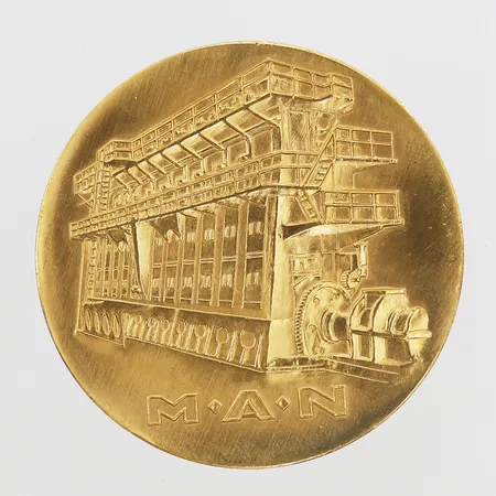 Medalj "M.A.N Geburtsstätte Des Dieselmotors Augsburg 1950-1965", Ø 50mm, etui, bruksslitage, 23K Vikt: 69,7 g