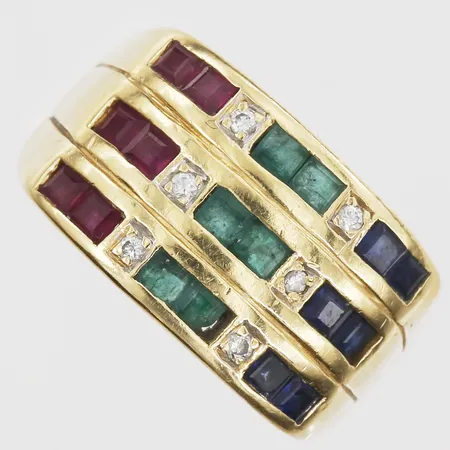 Ring med smaragder, rubiner, safirer samt diamanter 6 x ca 0,01ct, stl 17½, bredd 3-11mm, defekt, 18K. Vikt: 7,8 g