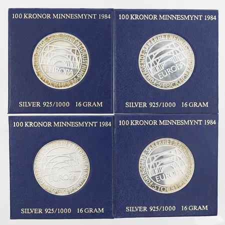 Fyra Minnesmynt 100 kronor Europa Förtroende Säkerhet Nedrustning Stockholm Sverige år 1984, Ø32mm, plastetui med slitage, silver 925/1000. Vikt: 64 g