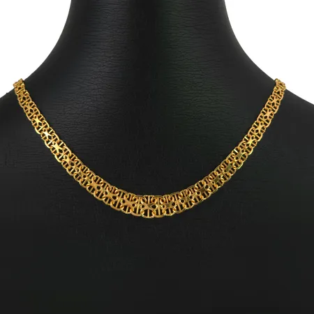 Halskedja X-länk med stav i 18K guld, doserad modell, tillverkarstämpel ABD, Falköping, svensk kontrollstämpel, längd knäppt 45 cm, bredd 5-9 mm, fint skick Vikt: 20,3 g