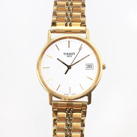 Herrur Tissot 18K, quartz, datum, länk i stål, färgbortfall samt repor på länk, gravyr, i behov av batteribyte, inga tillbehör.
