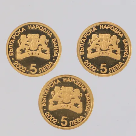 3 Minnesmynt 5 Leva Bulgarien 1896, 2002, 2004, Ø 14mm, plastetuier, 24K Vikt: 3,8 g