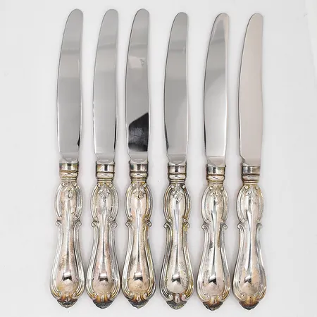6 Bordsknivar modell Olga längd 21cm stålblad silver 830/10000 Vikt: 363,7 g