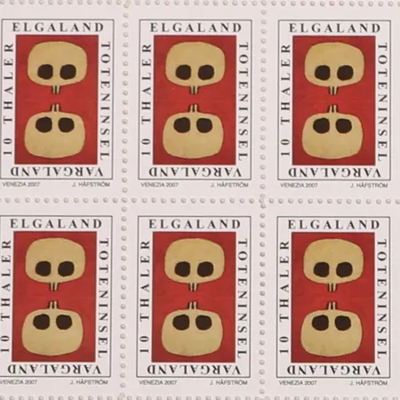 Litografi Jan Håfström (1937-) frimärksark "Elgaland Vargaland", signerad och numrerad 79/100, mått 19,5x13,5cm, ej inramad (Omfattas av bus-avgift)