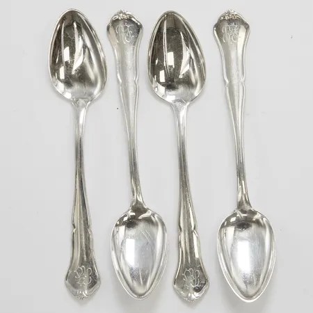 6 Teskedar, modell HANSA, längd 11,5cm, finska stämplar, monogramgravyr, 830/1000 silver Vikt: 51,1g Vikt: 51,1 g