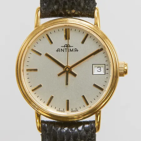 Armbandsur Antima 18K 22mm, quartz, datum, läderband, batteribyte behövs, etui, manual