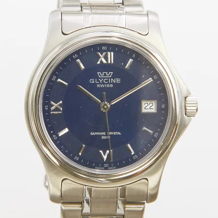 Herrur Glycine, stål, datum, quartz, 37mm, ref 3767, stållänk, batteribyte behövs, tag, etui