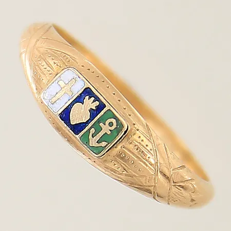 Ring med emaljdetaljer stl:16¾ bredd 2,3-5,5mm, skadad emalj 18K Vikt: 1,2 g