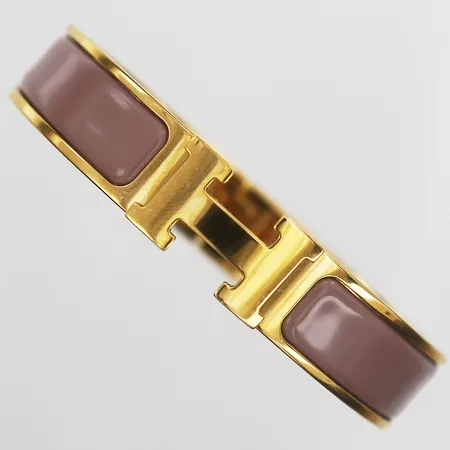 Armband Hermés Clic H Bois De Rose FI 01 67, gulmetall med rosa emalj, Made in France, innermått ca 56x45mm, repor, manual, dustbag, ytterkartong, 