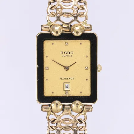 Herrur Rado Florence 24x28mm, quartz, datum, boett stål, ref. 160.3527.2, serienummer 30711935, armband 18K svenska stämplar, total längd 19cm, bruksslitage, nagg i glas, går ej troligen batteribyte, inga tillbehör, Bruttovikt: 49,7g