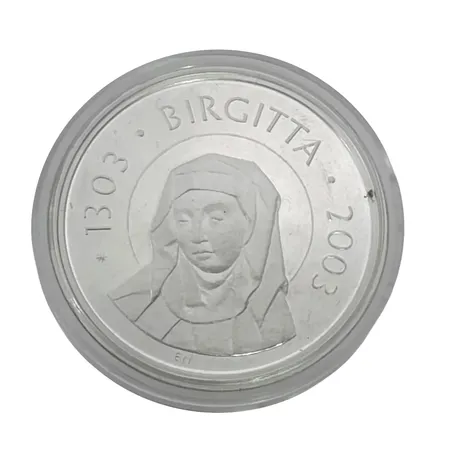 Silvermynt 200 kr (Heliga Birgitta 1303-2003) silver 925/1000, förvaras i myntkapsel Vikt: 27,1 g