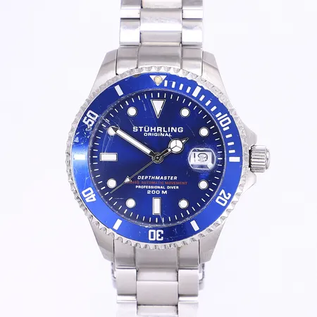 Herrur Stührling Depthmaster Ø42mm, automat, datum, mycket sliten, ring går ej att vrida, repor boett, ring och glas, stållänk, extra länkbitar, box
