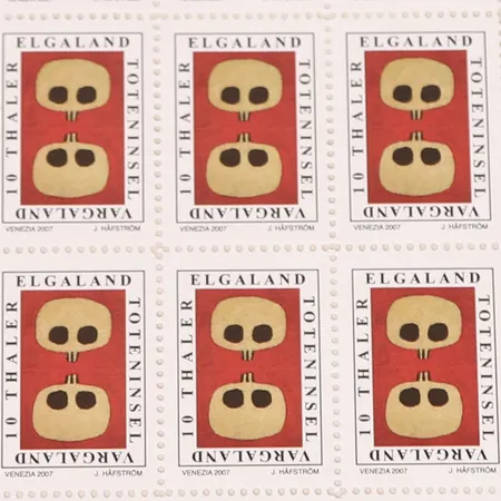 Litografi Jan Håfström (1937-) frimärksark "Elgaland Vargaland", signerad och numrerad 18/100, mått 19,5x13,5cm, ej inramad (Omfattas av bus-avgift)