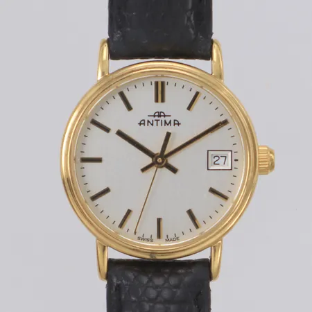 Armbandsur Antima 23mm, quartz, datum, boett 18K, batteribyte krävs, gravyr, läderband