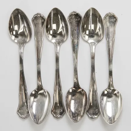 6 Teskedar, modell HANSA, längd 11,5cm, finska stämplar, gravyr, 830/1000 silver Vikt: 73,0g Vikt: 73 g