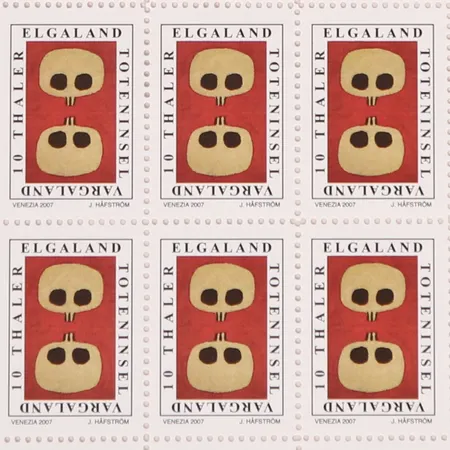 Litografi Jan Håfström (1937-) frimärksark "Elgaland Vargaland", signerad och numrerad 46/100, mått 19,5x13,5cm, ej inramad (Omfattas av bus-avgift)
