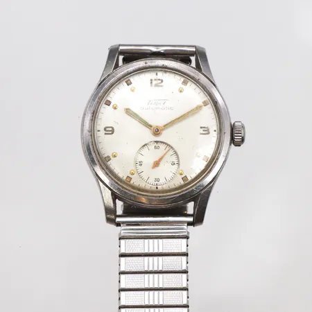 Herrur Tissot automatic, stål, Ø32mm,, liten sekundvisare, flexlänk i stål, repigt glas.
