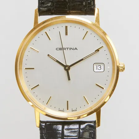 Armbandsur Certina, 18K, datum, safirglas, ref.nr: EOL 158.9289.68, serienr: PA1.7FZ.1VX, gravyr, läderband, certifikat, box samt ytterkartong
