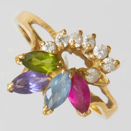 Ring med färgstenar, stl:17½, bredd 2-13mm, 18K Vikt: 3,8g Vikt: 3,8 g