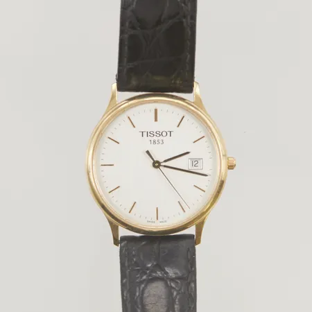 Herrur Tissot Quartz 33,5mm18K, gravyr "För nit och redlighet i rikets tjänst", läderband.