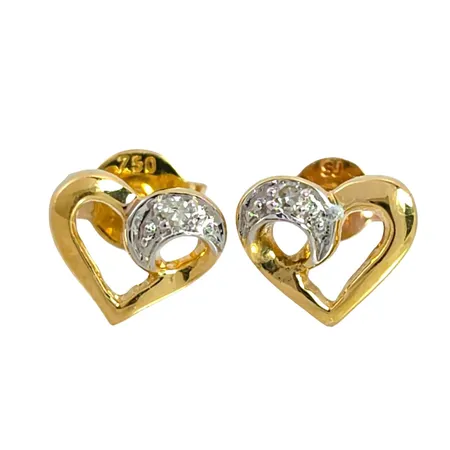 Örhängen Hjärtan i 18K guld, tvåfärgad modell, Diamanter 2 x 0,005ct, örhängenas storlek 6x7 mm, olika ploppar, fint skick Vikt: 1,3 g
