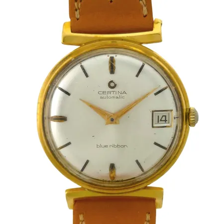 Herrur Certina Blue Ribbon, 18K guld, Ø34 mm, automatisk, boettnummer 5810133432724, flera intryckningar, slitage krona, skinnband från Hirsch,