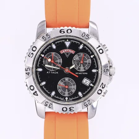 Herrur Certina Attack Ø38mm, quartz, kronograf, datum, 542.1091/1191.41, i behov av batteribyte, gummiband ej original