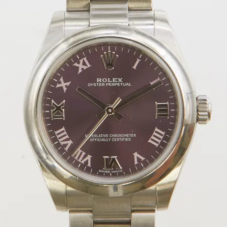 Damur Rolex Oyster Perpetual, stål, automatisk, 31mm, ref: 177200, snr: 18KM2555, Cal. 2231, verknr: 6G3197F0, boettnr: 2300, safirglas, "Red grape roman pink " tavla, oysterlänk, stål, viklås, två extra länkbitar, manual, certifikat daterat 2017 Bergströms, box, ytterkartong
